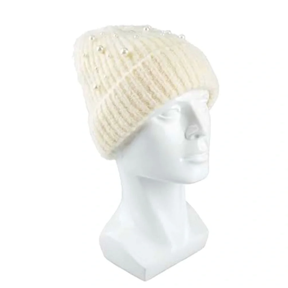 🌸 Jessica Simpson Cozy Knit Cuffed Cream Beanie with Pearls